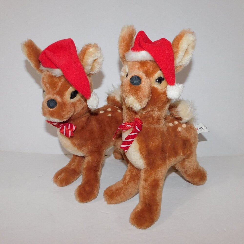 Set 2 VTG 80s Mighty Star Poseable 11" Plush ringing Christmas Reindeer Deer